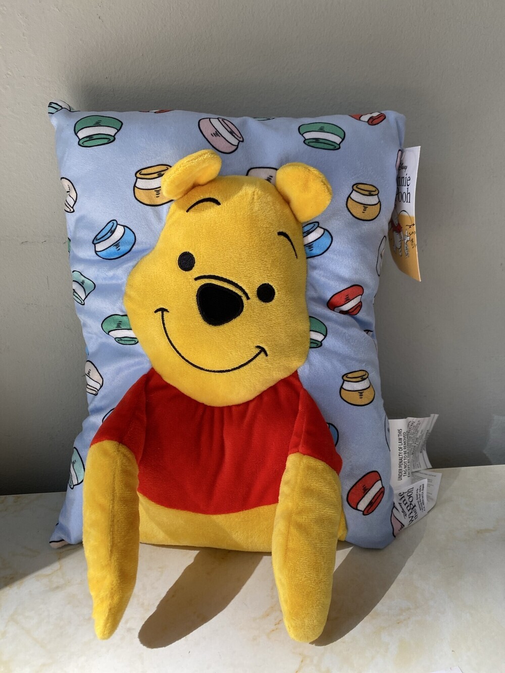 New with tags Disney Winnie the Pooh 3D Pillow Hugger Blue Honey Pot Cushion